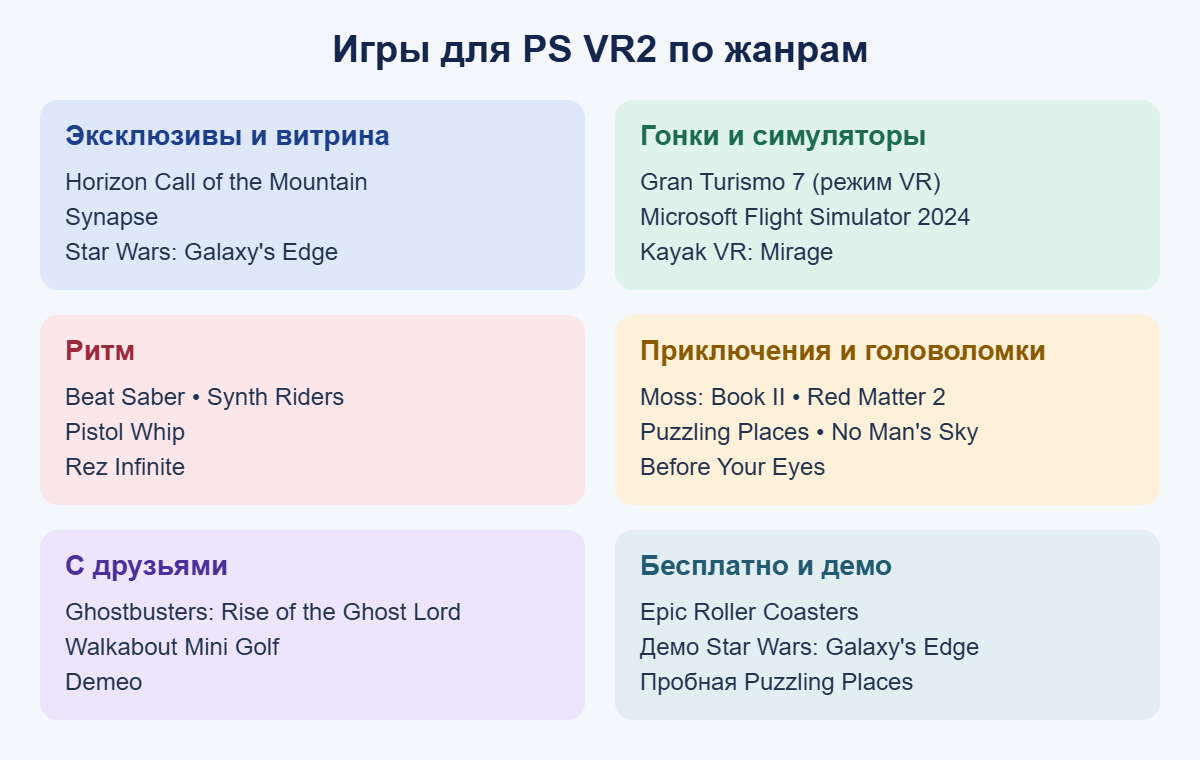 Игры для PS VR2 по жанрам: эксклюзивы, гонки и симуляторы, ритм, головоломки, с друзьями, бесплатные