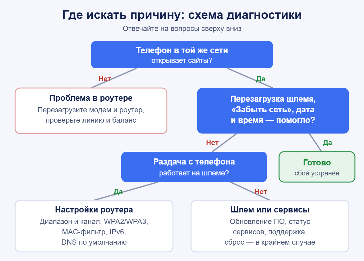 Схема диагностики ошибки «Подключение к сети ограничено» на Quest 3S