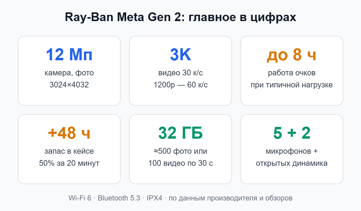 Характеристики Ray-Ban Meta Gen 2: камера 12 Мп, видео 3K, до 8 часов работы, кейс на 48 часов, 32 ГБ памяти